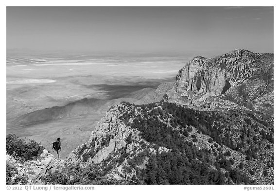 Park visitor looking, Guadalupe Peak. Guadalupe Mountains National Park (black and white)