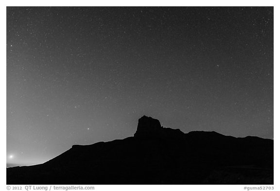 Stars above El Capitan at night. Guadalupe Mountains National Park (black and white)