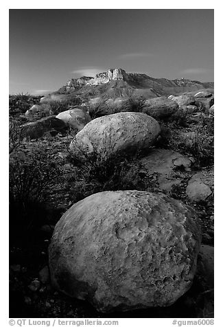 Limestone boulders and El Capitan from the South, dusk. Guadalupe Mountains National Park, Texas, USA.