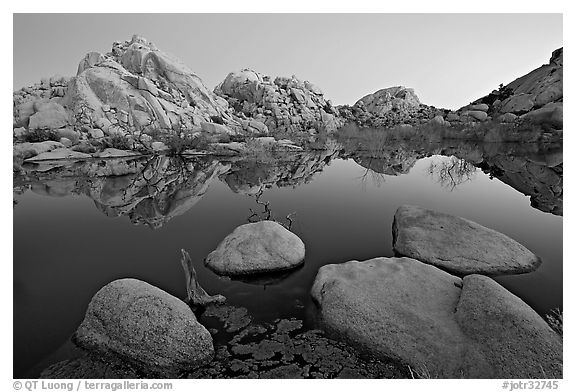 Boulders reflected in water, Barker Dam, dawn. Joshua Tree National Park (black and white)