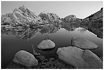 Boulders reflected in water, Barker Dam, dawn. Joshua Tree National Park, California, USA. (black and white)