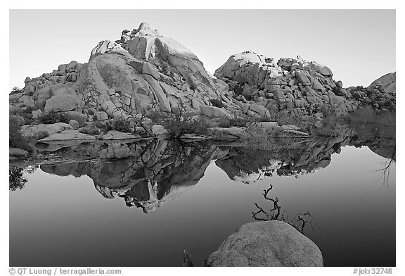 Rocks reflected in reservoir, Barker Dam, sunrise. Joshua Tree National Park, California, USA.