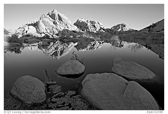 Rockpiles reflected in pond, Barker Dam, sunrise. Joshua Tree National Park (black and white)