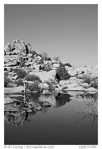 Photographer at Barker Dam. Joshua Tree National Park (black and white)