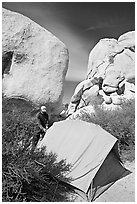 Camper and tent, Hidden Valley Campground. Joshua Tree National Park ( black and white)