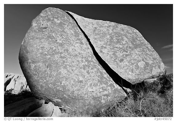 Boulder split by crack. Joshua Tree National Park (black and white)