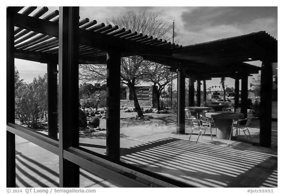 Patio, window reflexion, Joshua Tree Visitor Center. Joshua Tree National Park (black and white)