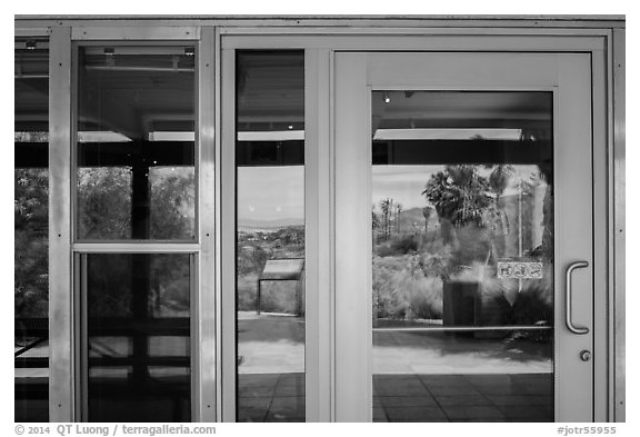Oasis de Mara, Oasis Visitor Center window reflexion. Joshua Tree National Park (black and white)
