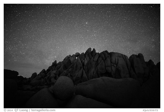 Geometrically shaped rocks and clear starry sky. Joshua Tree National Park (black and white)