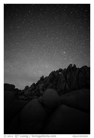 Marble rocks under clear starry sky. Joshua Tree National Park (black and white)