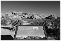 Interpretive sign, monzogranite formation. Joshua Tree National Park ( black and white)