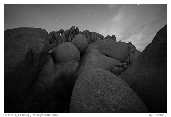 Granite boulders at night. Joshua Tree National Park (black and white)