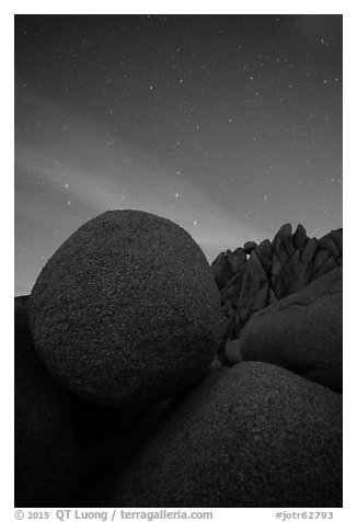 Jumbo Rocks boulders at night. Joshua Tree National Park (black and white)