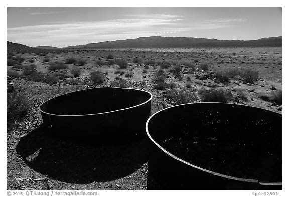 Metal tanks, Gold Coin Mine, Pleasant Valley. Joshua Tree National Park (black and white)