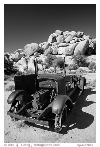 Rusting car near Wall Street Mill. Joshua Tree National Park (black and white)