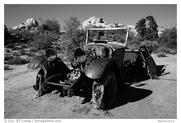 Rusting automobile near Wall Street Mill. Joshua Tree National Park (black and white)