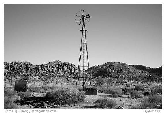 Windmill near Wall Street Mill. Joshua Tree National Park (black and white)