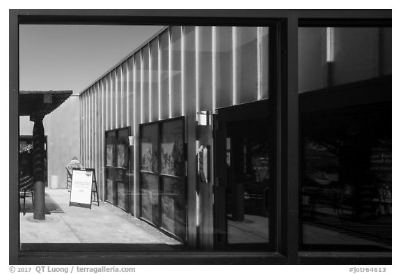 Joshua Tree Visitor Center window reflexion. Joshua Tree National Park (black and white)