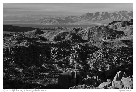 Boulder, and distant Salton Sean. Joshua Tree National Park (black and white)