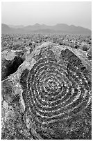 Circular Hohokam petroglyphs on Signal Hill. Saguaro National Park, Arizona, USA. (black and white)