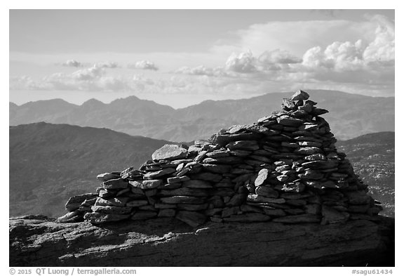 Giant summit cairn, Rincon Peak. Saguaro National Park (black and white)