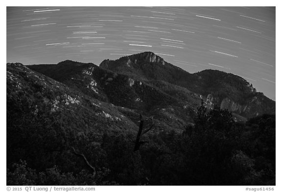 Rincon Peak at night with star trails. Saguaro National Park (black and white)