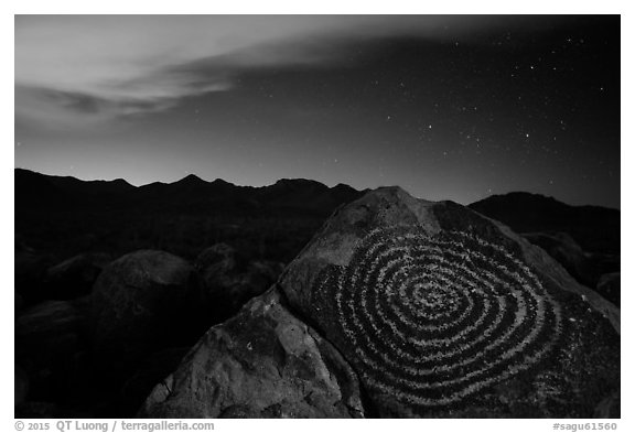 Petroglyphs on Signal Hill and Tucson Mountains at night. Saguaro National Park (black and white)