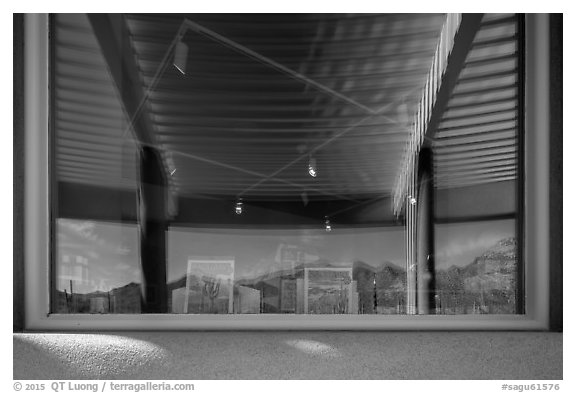 Red hills and cactus, Red Hills Visitor Center window reflexion. Saguaro National Park (black and white)