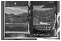 Tucson Mountains and cactus, Red Hills Visitor Center window reflexion. Saguaro National Park ( black and white)
