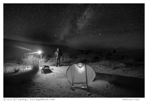 Camper at night. White Sands National Park (black and white)