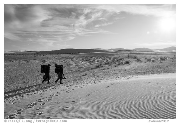 Backpackers hiking on Backcountry Trail in late afternoon. White Sands National Park (black and white)