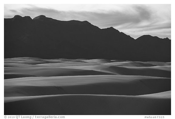 Gypsum dune field and Andres Mountains at sunset. White Sands National Park (black and white)