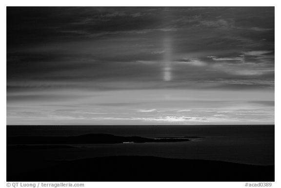 Sun pillar from Cadillac mountain. Acadia National Park, Maine, USA.