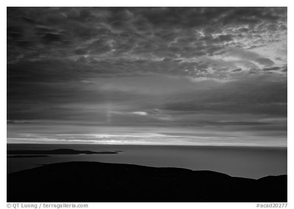 Clouds and Atlantic Ocean from Mt Cadillac at sunrise. Acadia National Park (black and white)