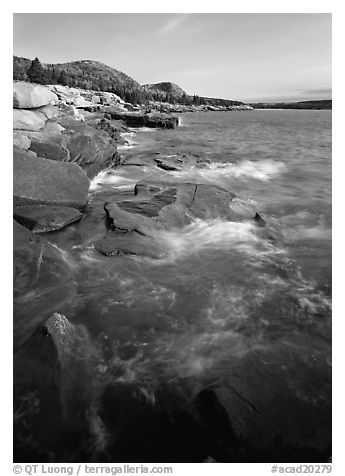 Pink granite slabs on the coast near Otter Point, morning. Acadia National Park, Maine, USA.