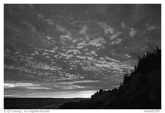 Sunset sky, Bass Harbor lighthouse. Acadia National Park (black and white)