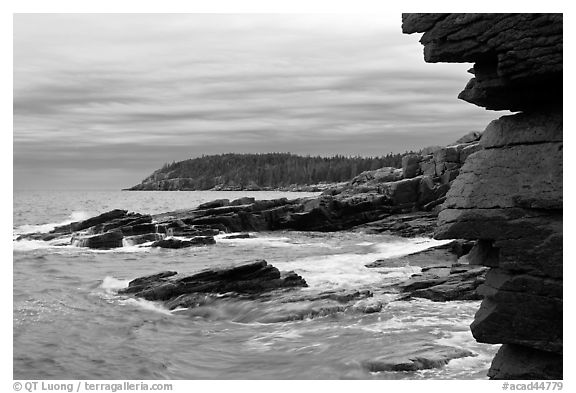 Granite seacliffs near Thunder Hole, highest on Atlantic Coast. Acadia National Park (black and white)