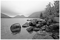 Boulders, autumn colors, and Bubbles, Jordan Pond. Acadia National Park ( black and white)