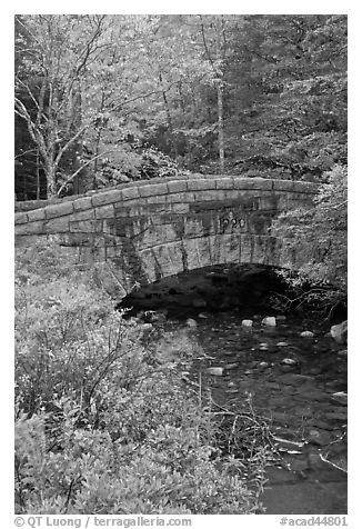 Stone bridge over stream. Acadia National Park (black and white)