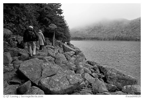 Hikers on shore of Jordan Pond. Acadia National Park (black and white)