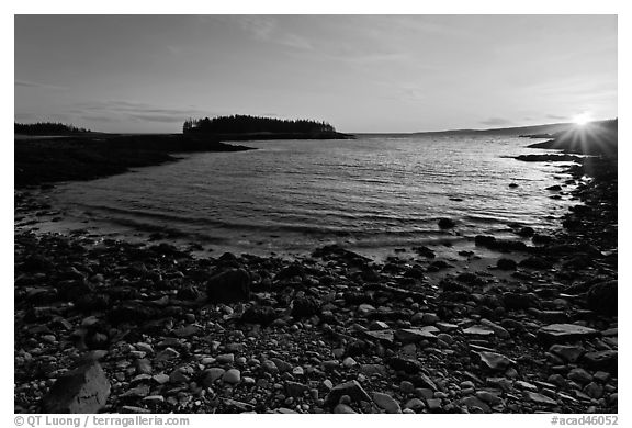 Cove and Pond Island, sunset, Schoodic Peninsula. Acadia National Park, Maine, USA.