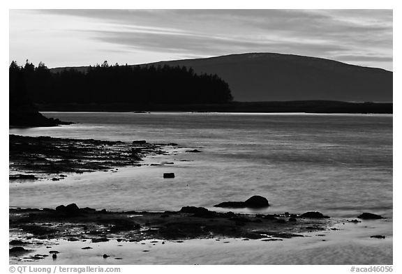 Pond and Cadillac Mountain at sunset, Schoodic Peninsula. Acadia National Park (black and white)