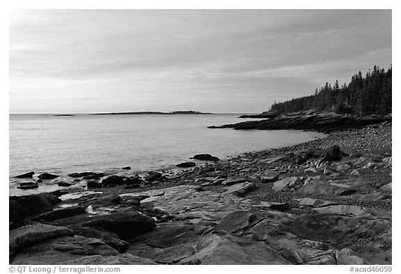 Coastine with slabs, sunrise, Schoodic Peninsula. Acadia National Park (black and white)