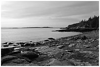 Coastine with slabs, sunrise, Schoodic Peninsula. Acadia National Park, Maine, USA. (black and white)