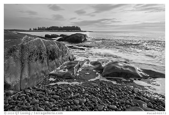 Seascape with pebbles, waves, and island, Schoodic Peninsula. Acadia National Park (black and white)