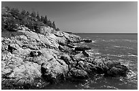 Rocky coast and blue waters, Isle Au Haut. Acadia National Park, Maine, USA. (black and white)