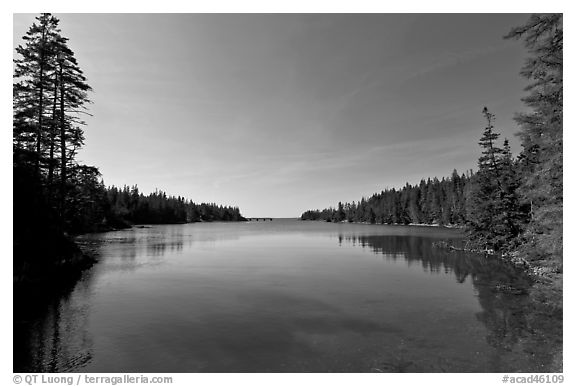 Pier in the distance, Duck Harbor, Isle Au Haut. Acadia National Park (black and white)