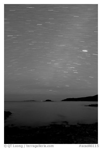 Night sky with star trails, Schoodic Peninsula. Acadia National Park (black and white)