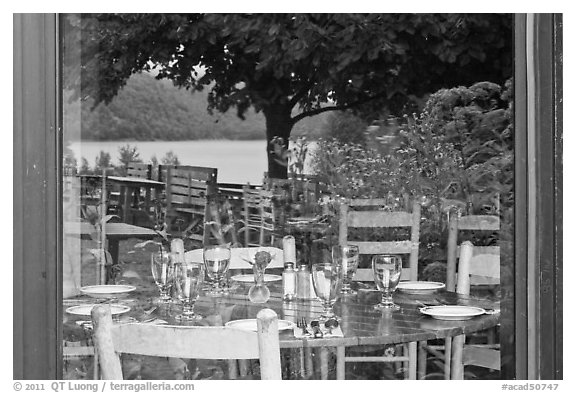 Jordan Pond and lawn, Jordan Pond House window reflexion. Acadia National Park (black and white)