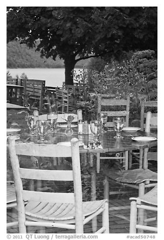 Chairs and reflections, Jordan Pond House window. Acadia National Park (black and white)